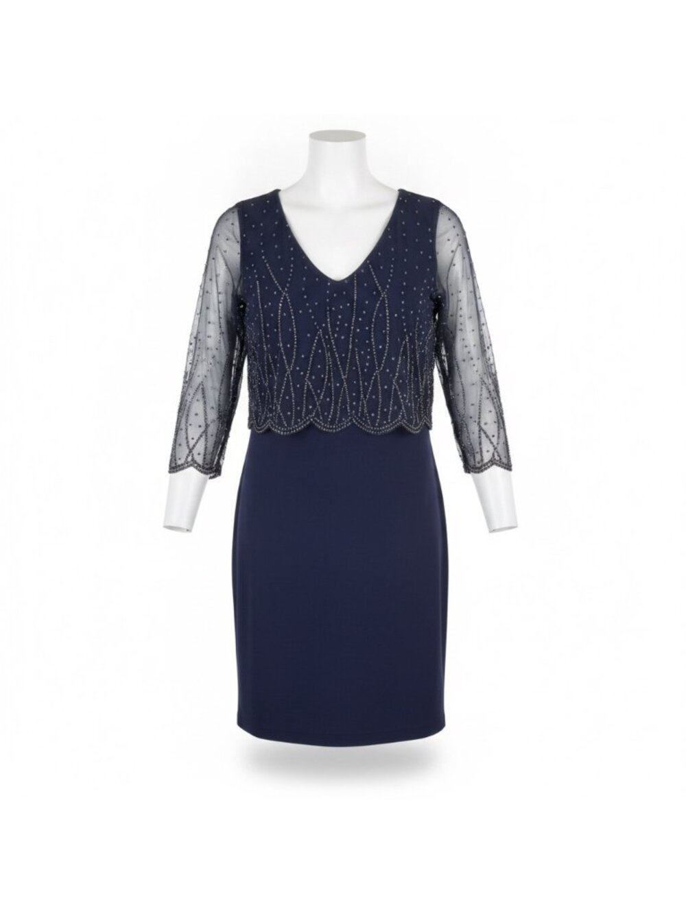 Patra Womens Navy Beaded Sheath Dress With Sheer Overlay Size 12